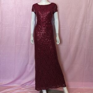 SLNY Garnet Red Lace and Sequins Short Sleeve Formal Cocktail Evening Gown 14